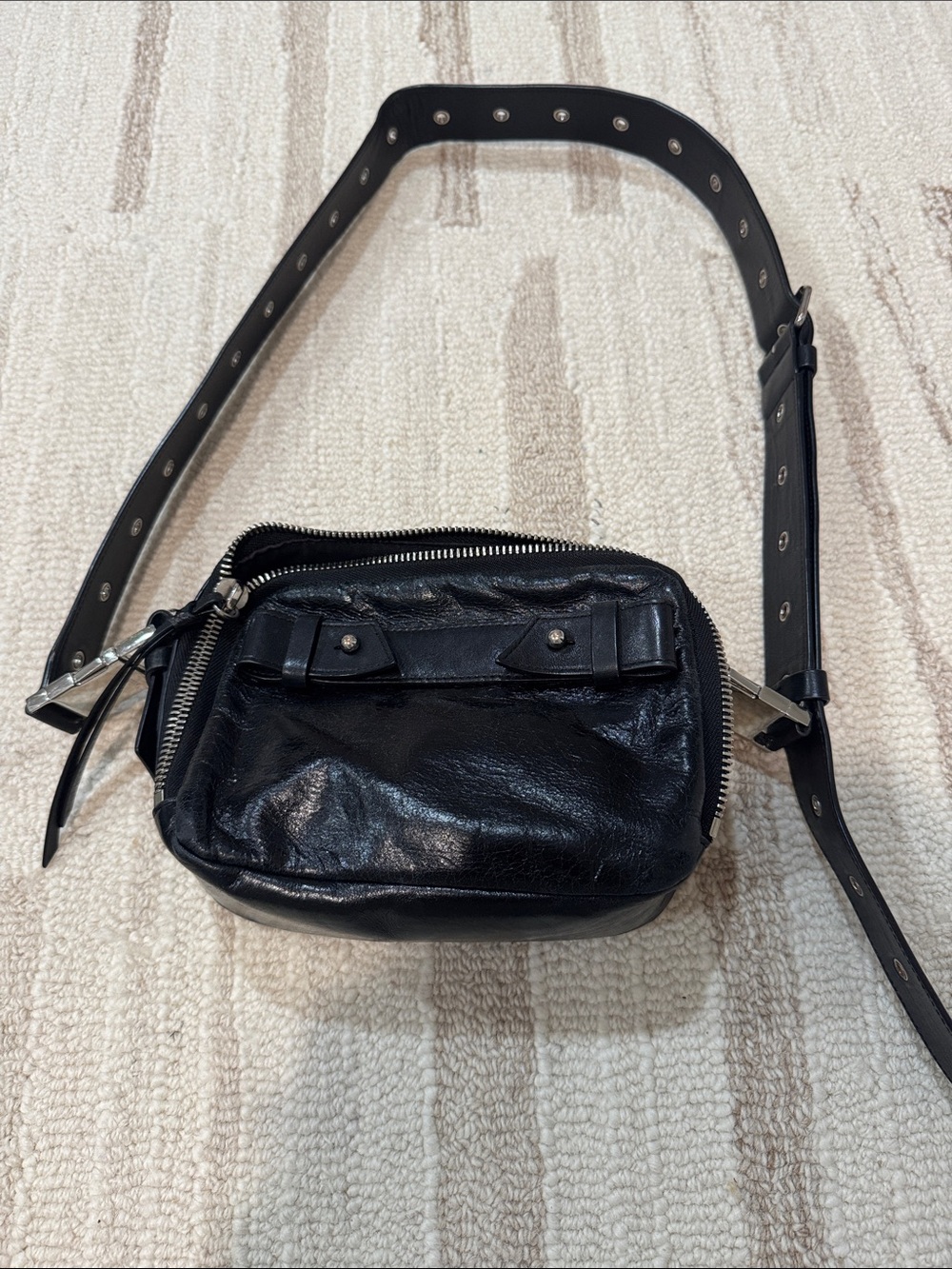 Black Leather Belt Bag with Studded Strap